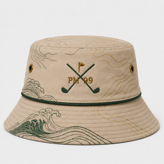 Beige Ocean Wave Golf Bucket Hat,www.nearlonggolf.com,Ocean Wave Golf Bucket Hat | Embroidered Full Brim Hat