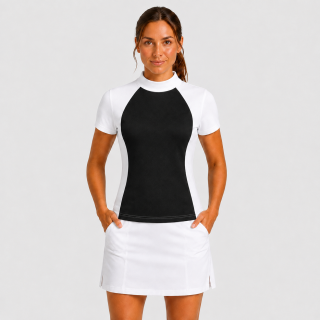Women's Mock Neck Golf Shirt,www.nearlonggolf.com,Women's Mock Neck Golf Shirt | Black White Short Sleeve