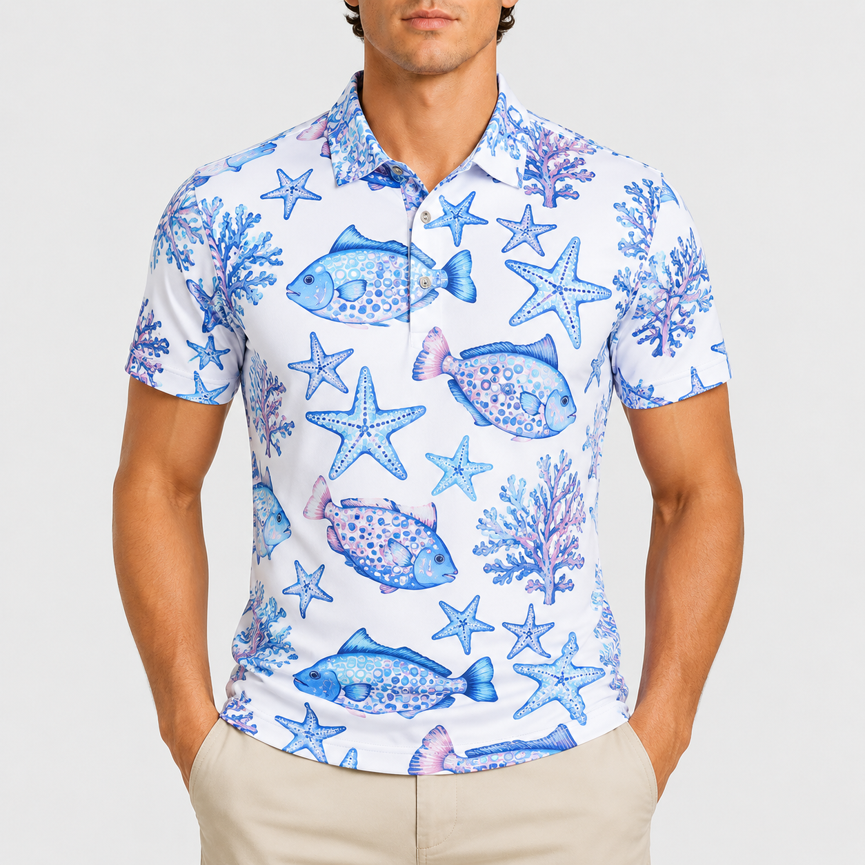 Men's ocean print golf polo shirt with tropical fish pattern design