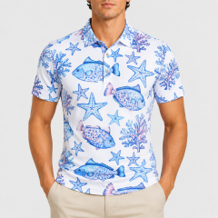 Men's ocean print golf polo shirt with tropical fish pattern design