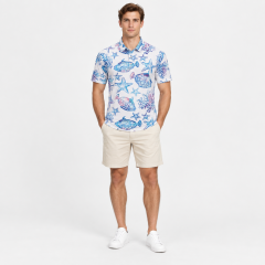 Stylish men's golf shirt with blue fish and starfish print pattern
