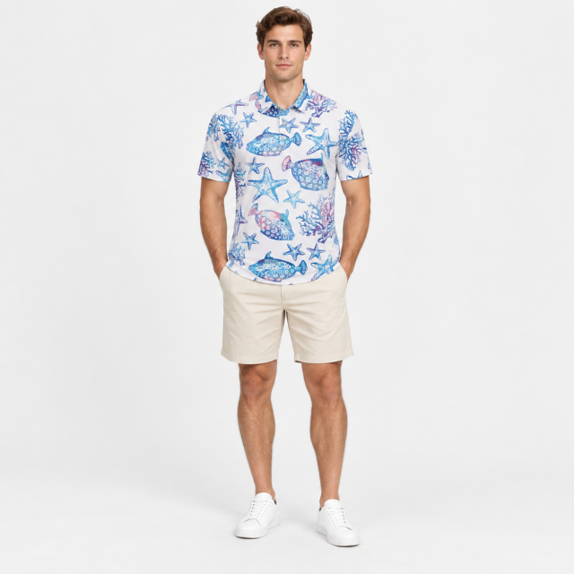 Stylish men's golf shirt with blue fish and starfish print pattern