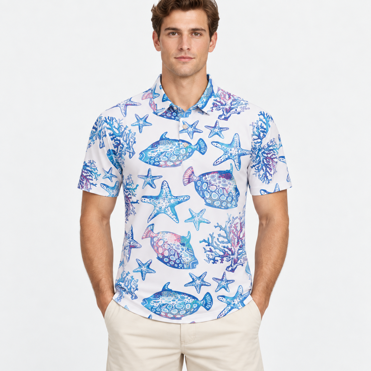 Ocean pattern printed golf polo shirt fabric detail for men