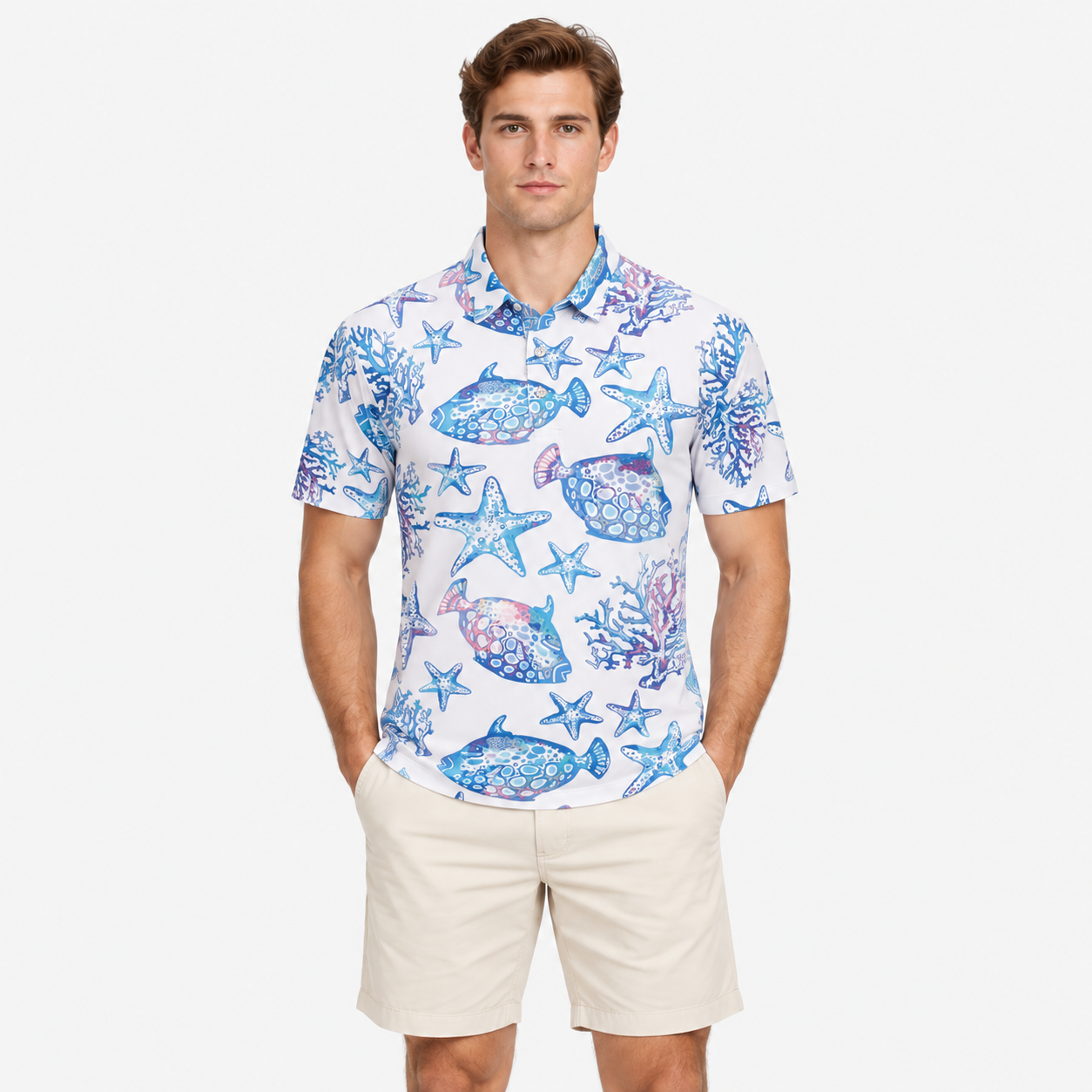Men's golf polo shirt with unique ocean inspired print for golf apparel