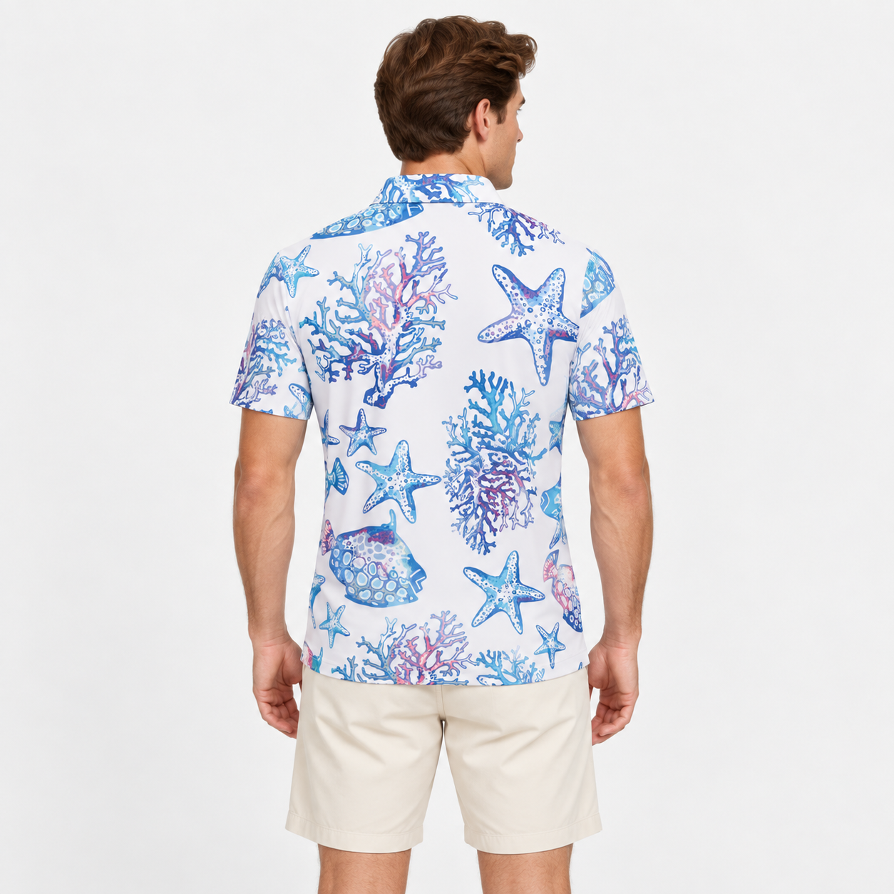 Men's printed golf polo shirt back view with short sleeve design
