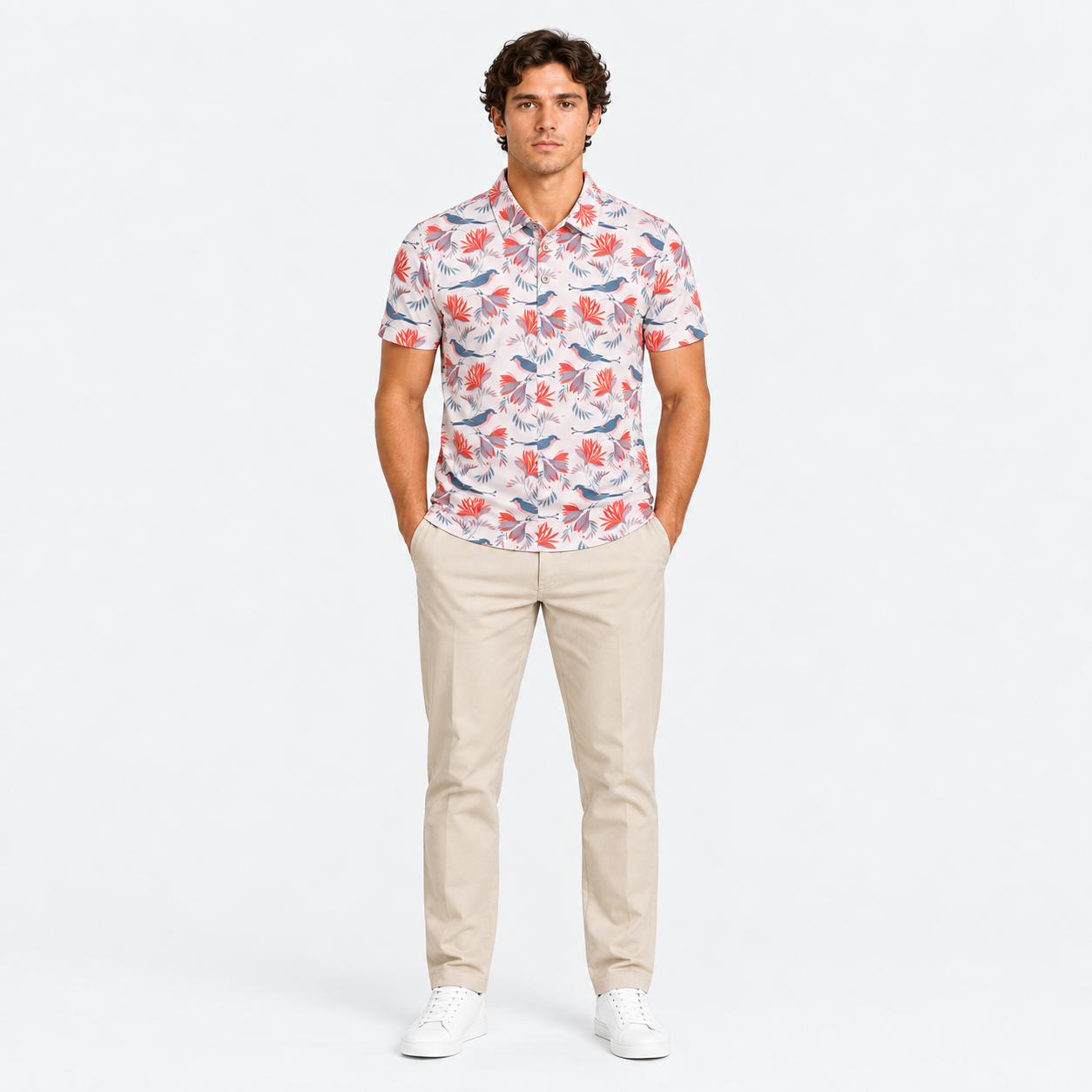Men's golf polo shirt collar and button placket detail with printed fabric