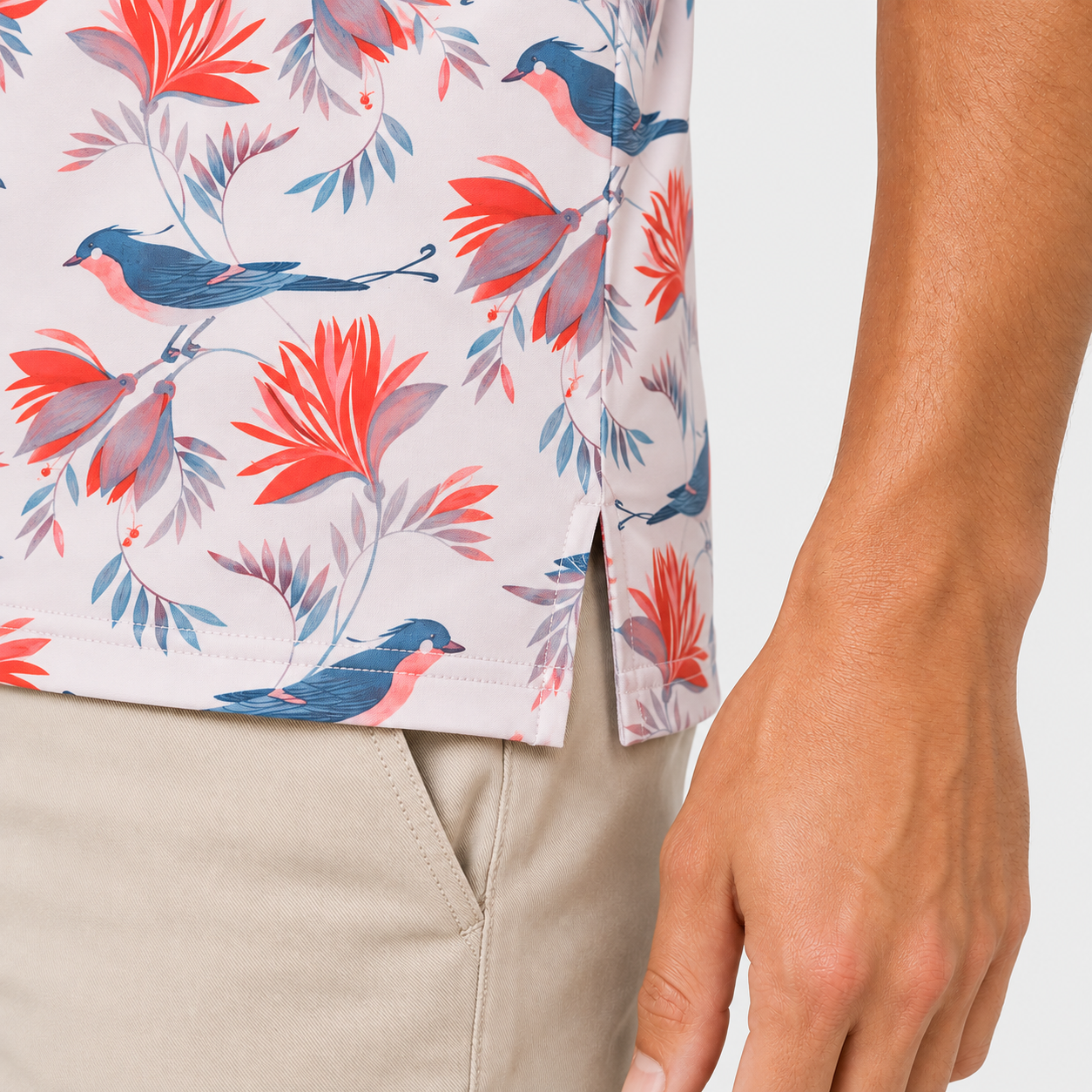 Close up of lightweight stretch fabric on men's performance golf polo shirt