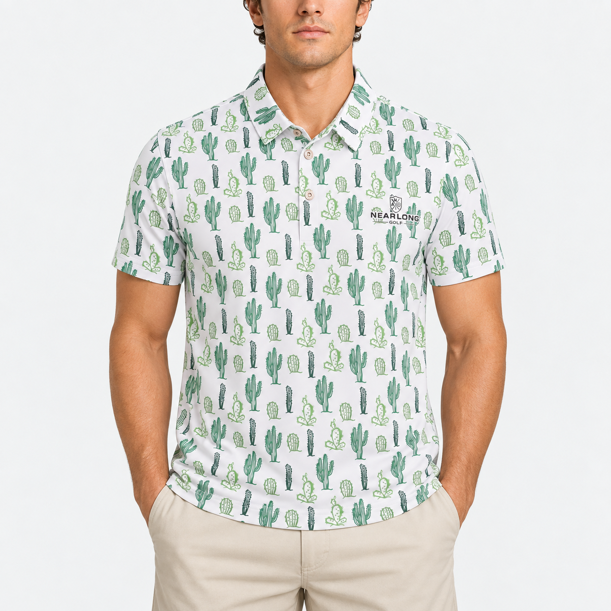 Men's patterned golf polo shirt with green cactus design