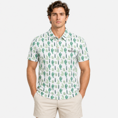 Men's white golf polo with green cactus all-over print