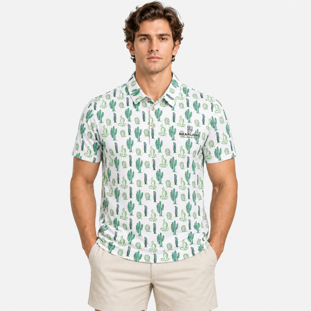 Men's white golf polo with green cactus all-over print