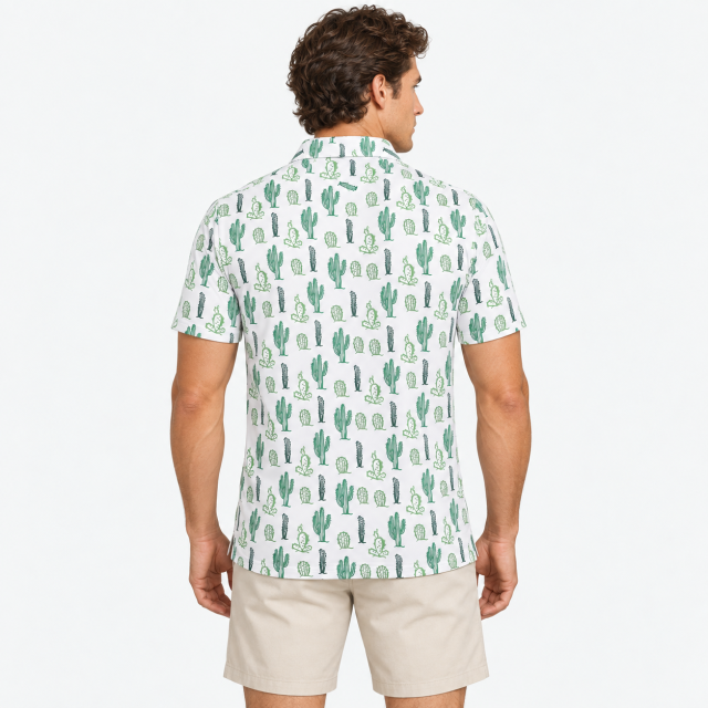 Back view of men's cactus print golf polo shirt