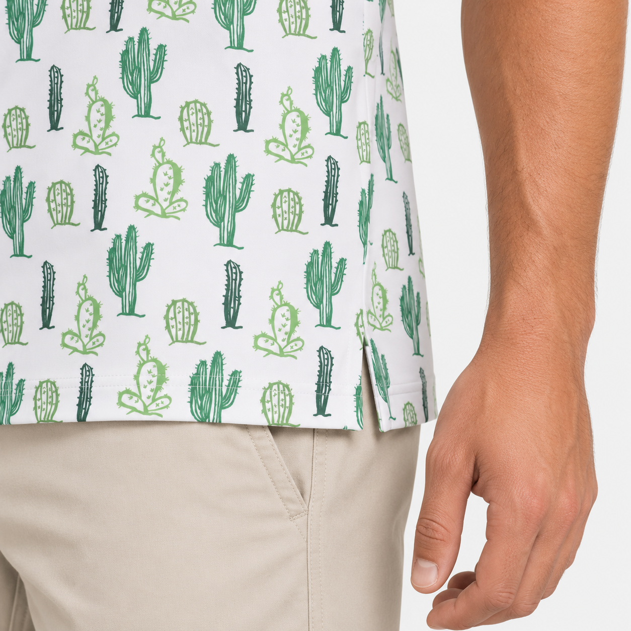 Cactus print golf shirt hem and side vent detail