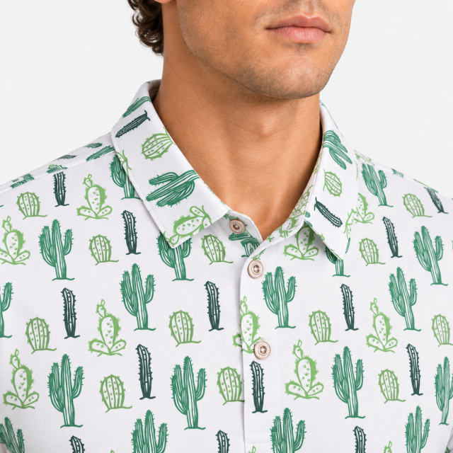 Men's cactus print golf polo collar and button placket detail
