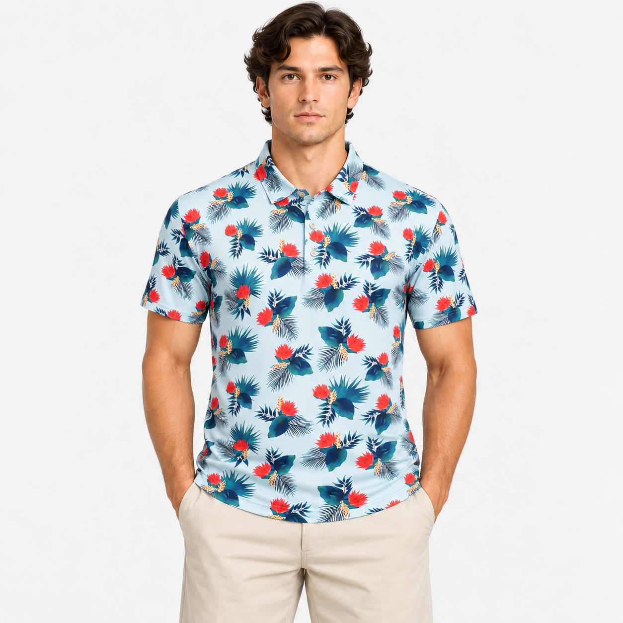 Men's floral print golf polo shirt front view