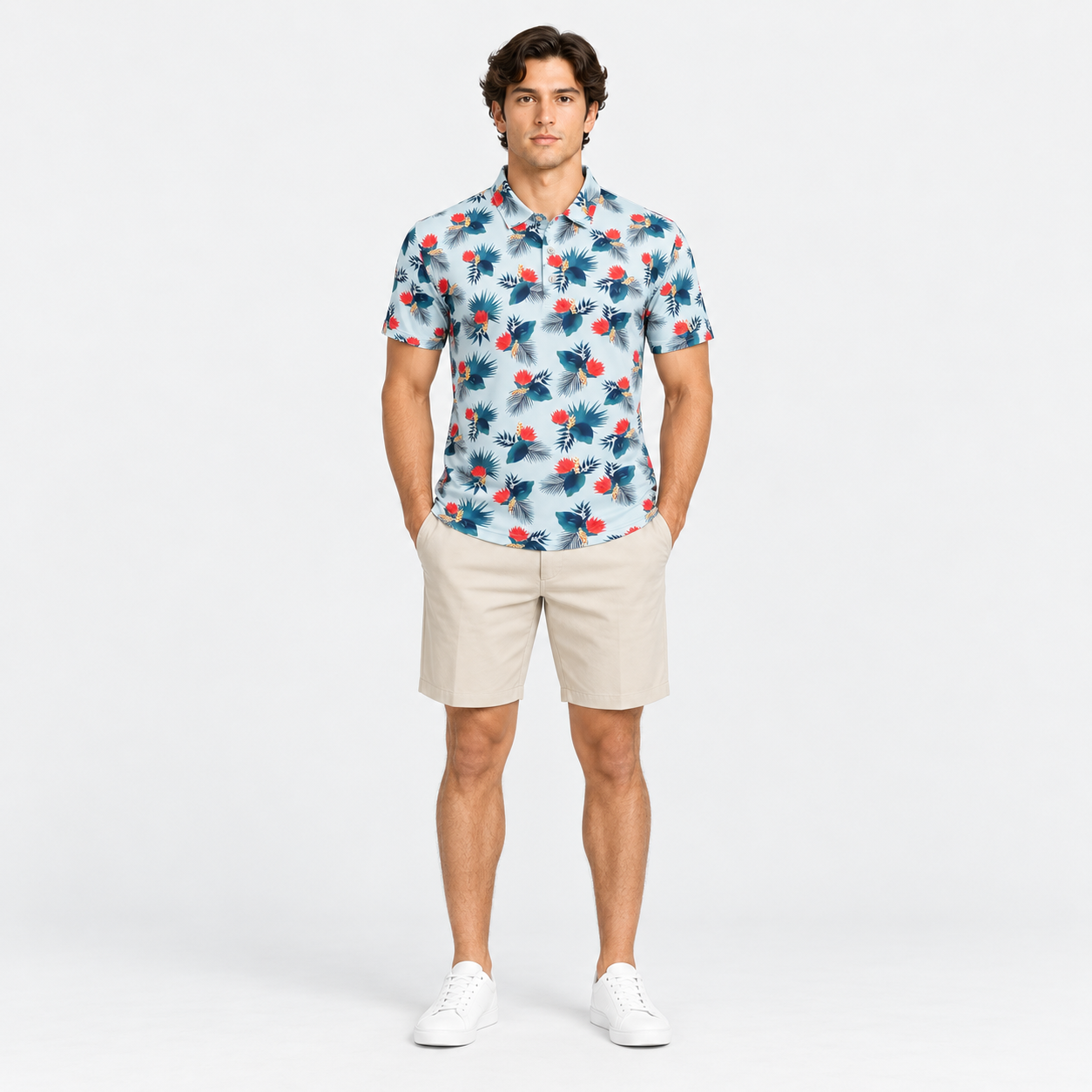 Men wearing a tropical print golf polo with khaki shorts