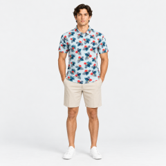 Men wearing a tropical print golf polo with khaki shorts