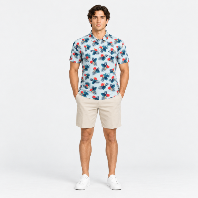 Men wearing a tropical print golf polo with khaki shorts