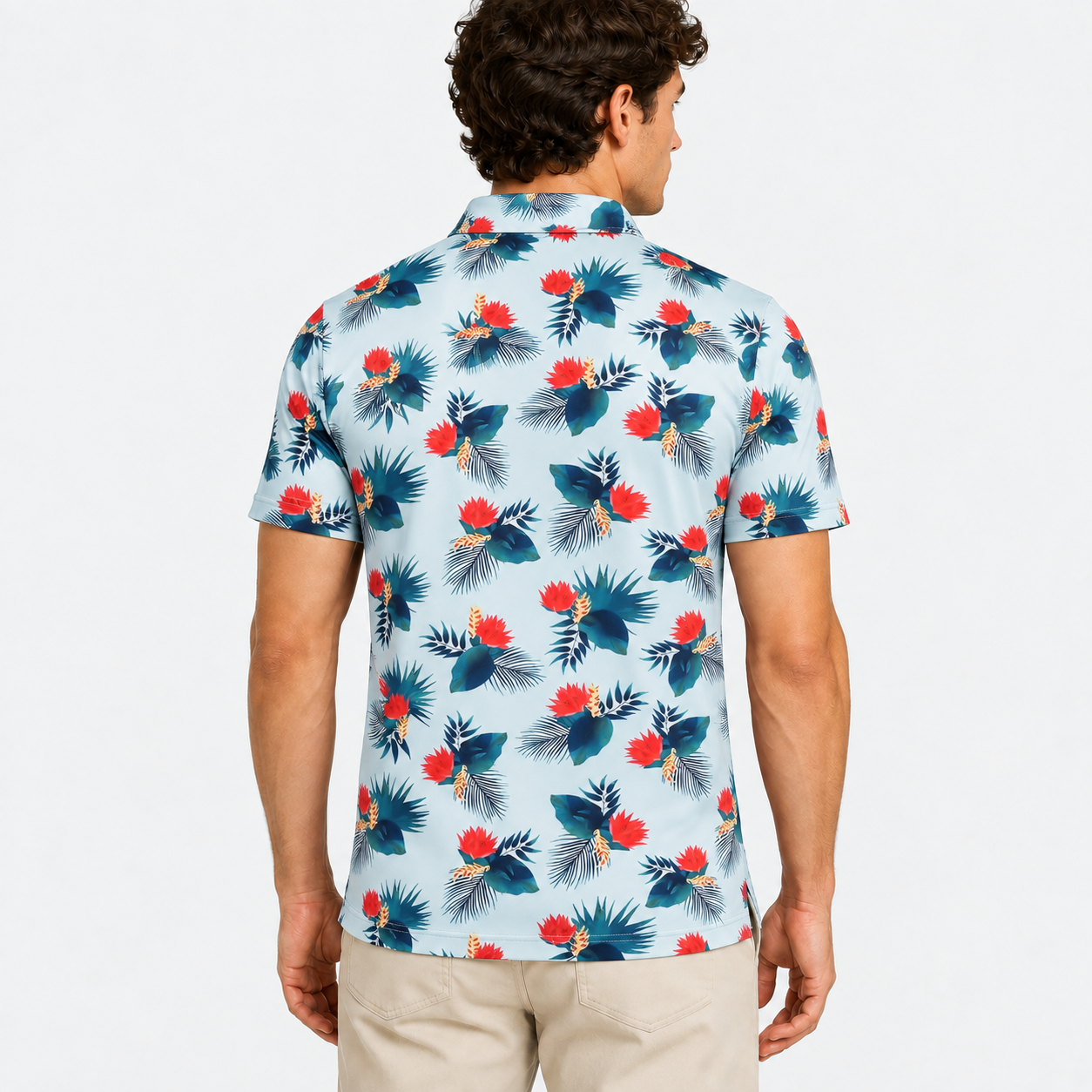 Back view of men's light blue tropical print golf polo