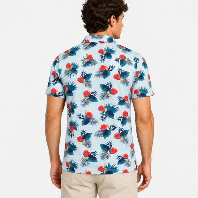 Back view of men's light blue tropical print golf polo