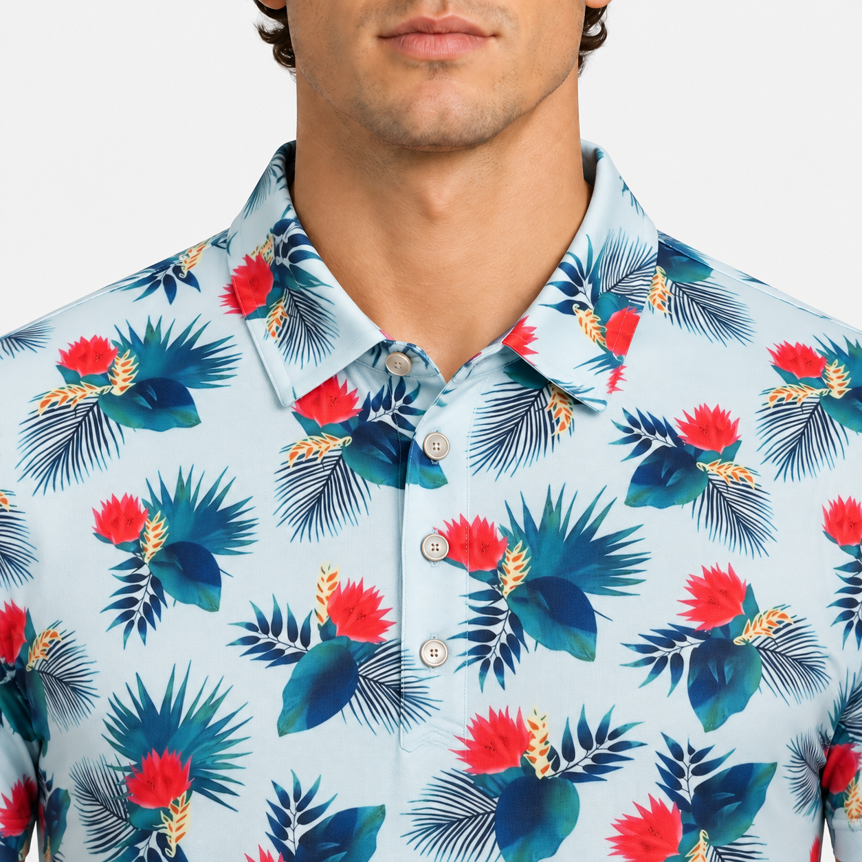 Men's tropical print golf polo collar and button placket detail