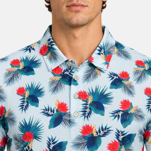 Men's tropical print golf polo collar and button placket detail