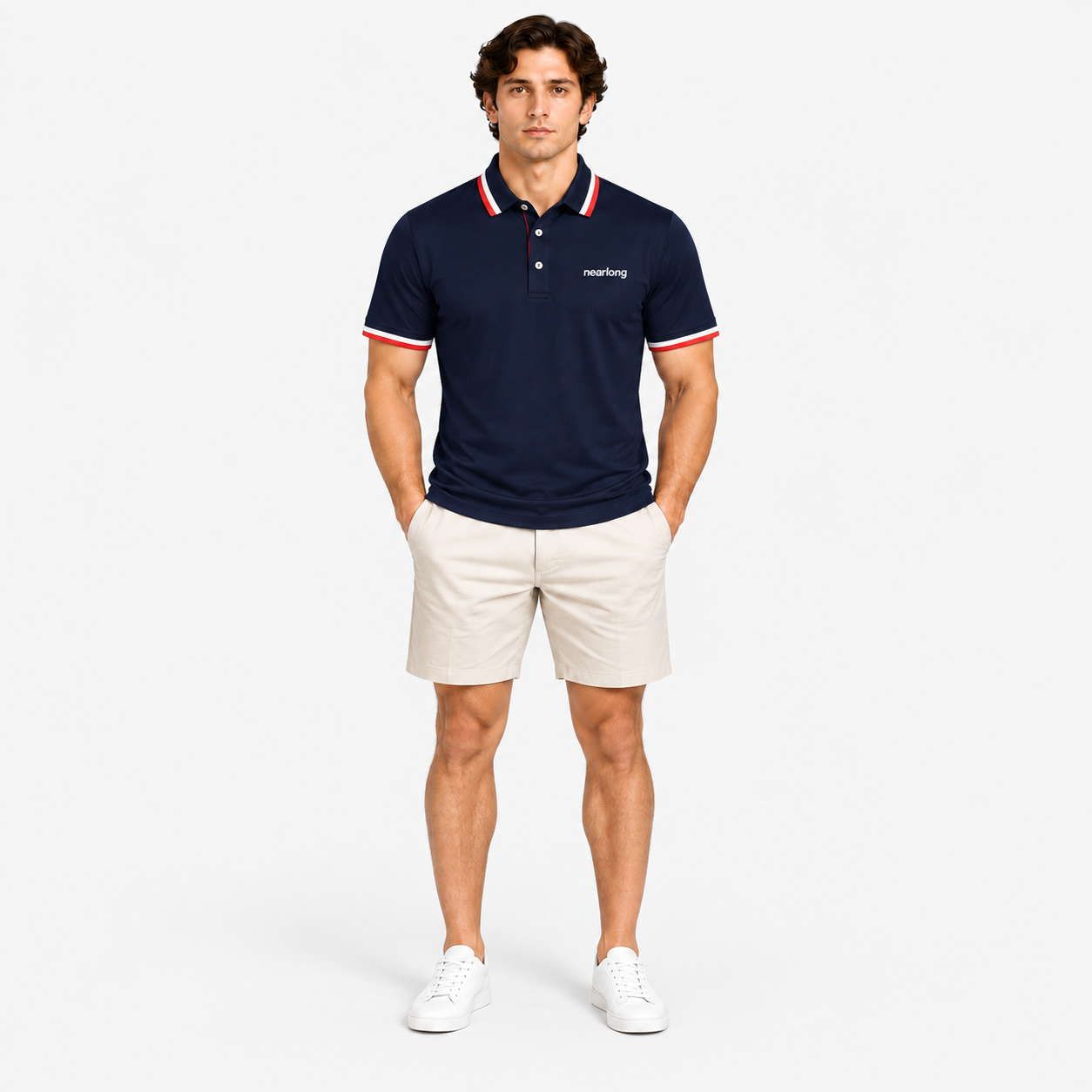 Man wearing a navy golf polo shirt with khaki shorts