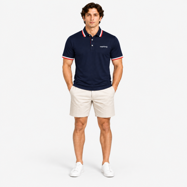 Man wearing a navy golf polo shirt with khaki shorts