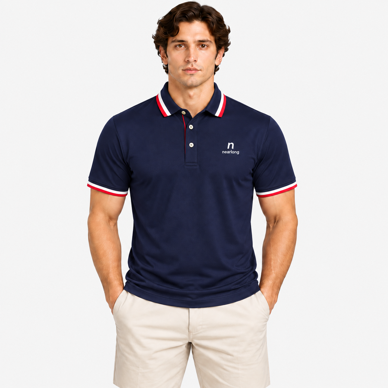 Men's contrast trim golf polo with striped collar and cuffs