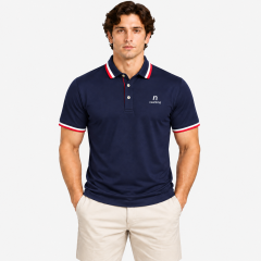 Men's contrast trim golf polo with striped collar and cuffs