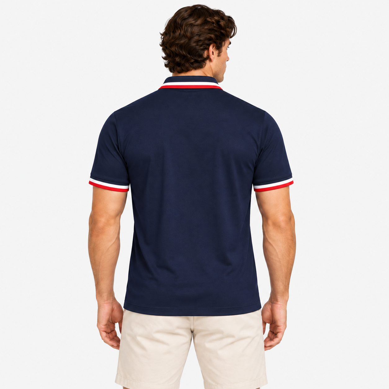 Back view of men's navy short sleeve golf polo shirt