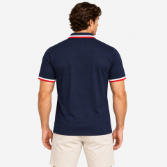 Back view of men's navy short sleeve golf polo shirt