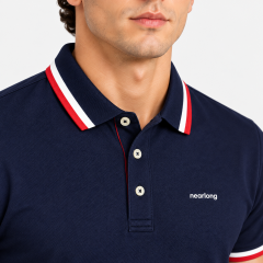 Men's navy golf polo with red and white striped collar detail