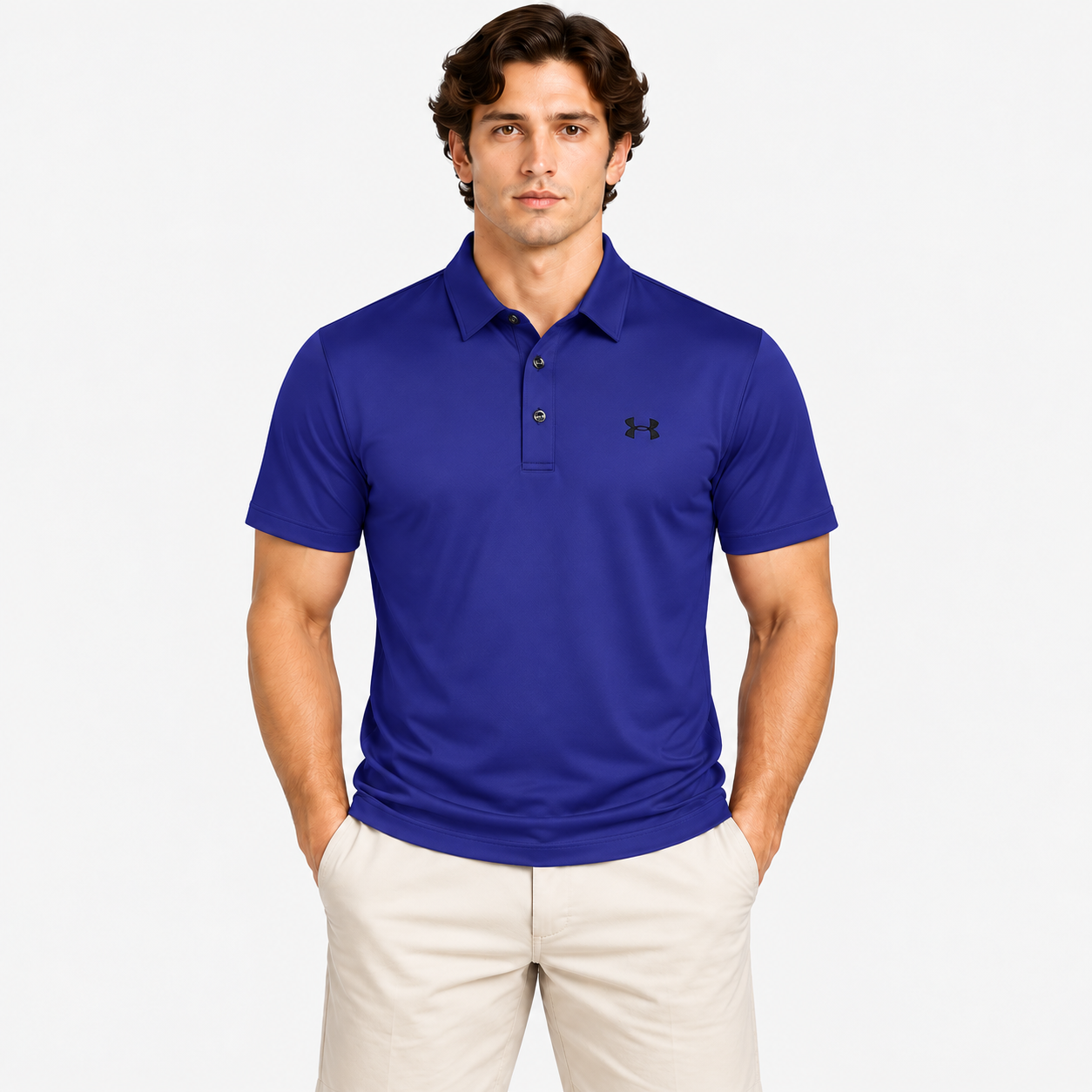Men's solid blue golf polo shirt with short sleeves
