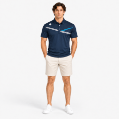 Men's navy golf polo shirt and golf shorts outfit