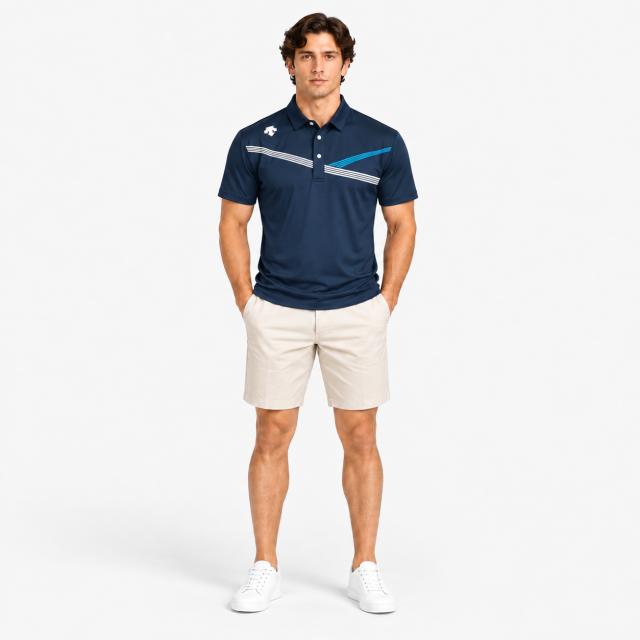 Men's navy golf polo shirt and golf shorts outfit