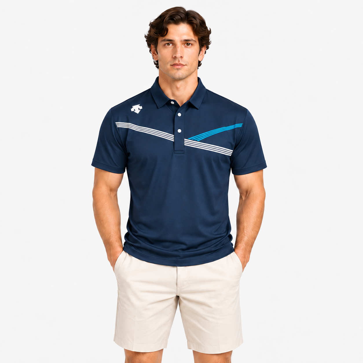 Men wearing navy striped golf polo shirt with golf shorts