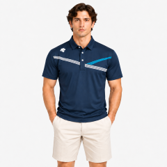 Men wearing navy striped golf polo shirt with golf shorts