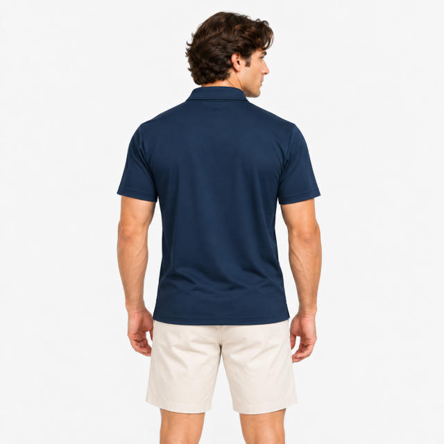 Back view of men's navy short sleeve golf polo shirt