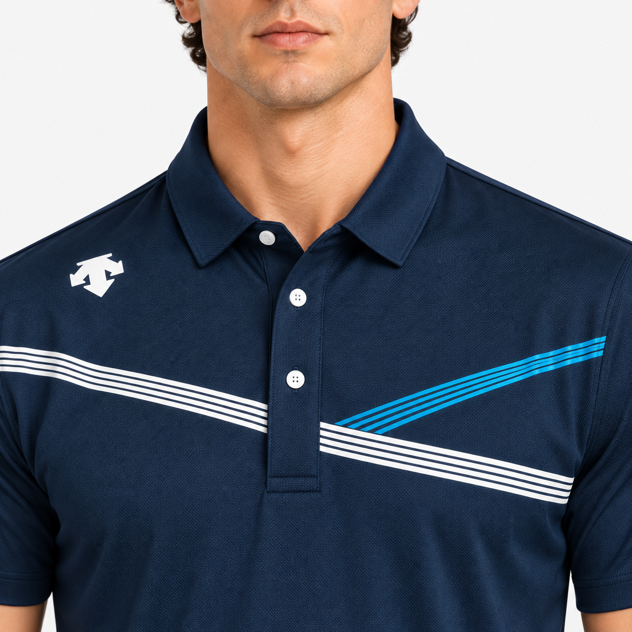 Men's navy stripe golf polo shirt collar and chest detail