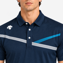 Men's navy stripe golf polo shirt collar and chest detail