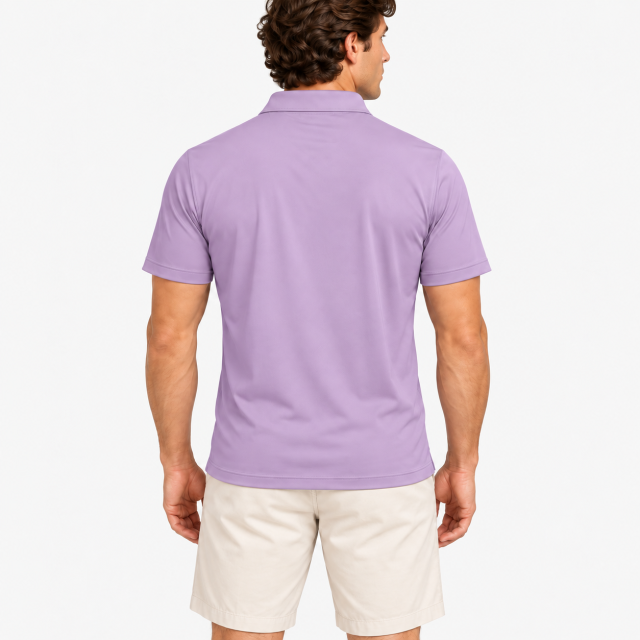 Back view of men's solid lavender golf polo shirt
