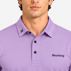 Lavender golf polo shirt collar button and logo detail