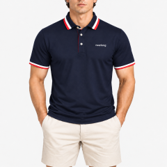 Men's navy golf polo shirt with contrast red and white trim
