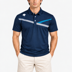 Men's navy blue stripe golf polo shirt with classic collar