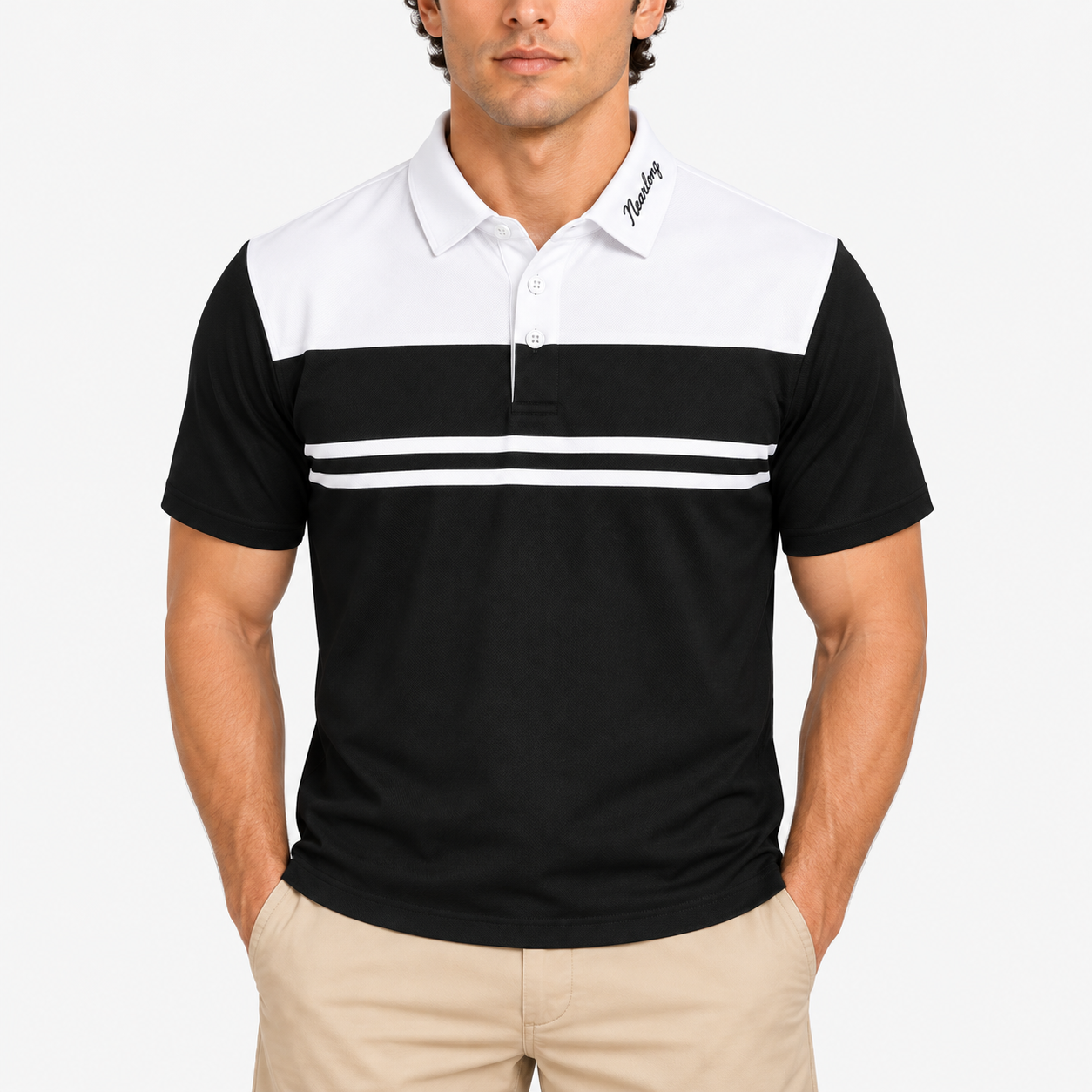 Men's chest stripe golf polo shirt collar and front design