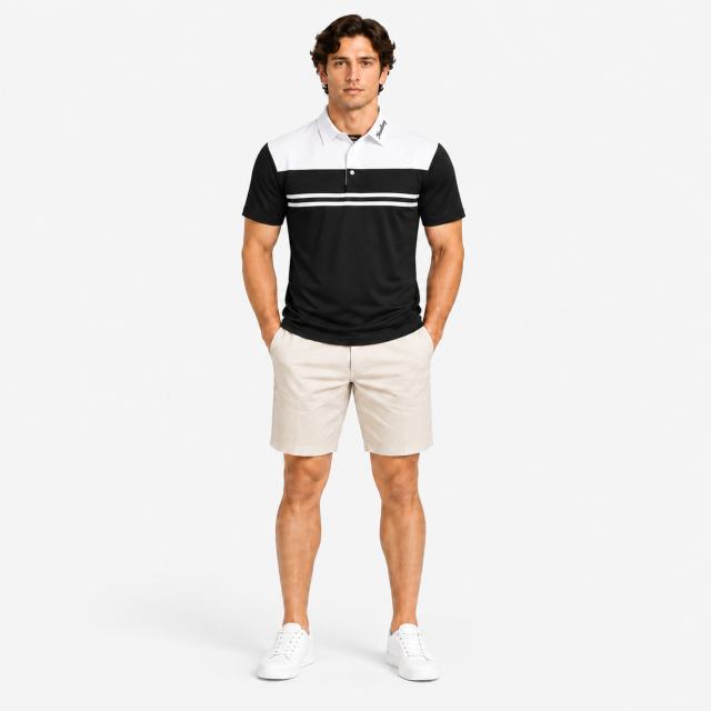 Men's black white chest stripe golf polo shirt full body front view