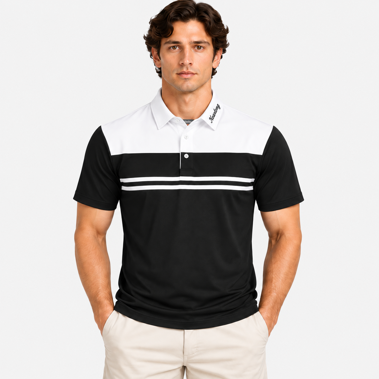 Men's Black White Chest Stripe Golf Polo Shirt