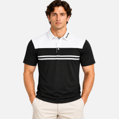 Men's Black White Chest Stripe Golf Polo Shirt