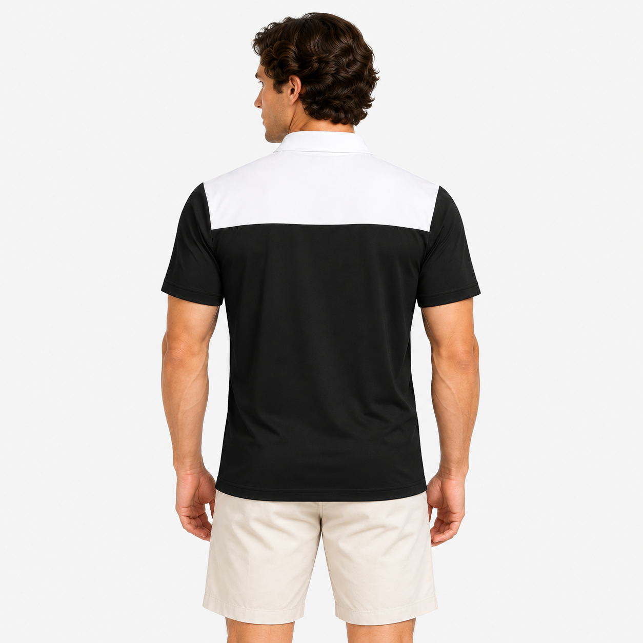Men's black white short sleeve golf polo shirt back view