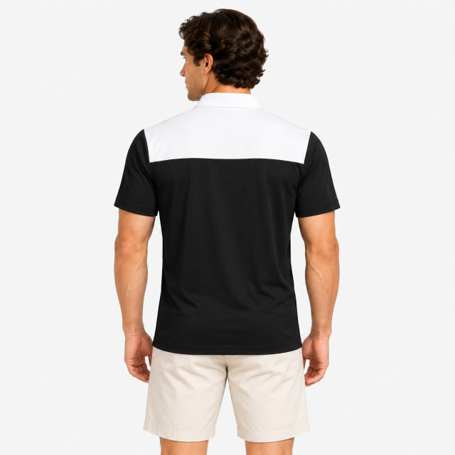 Men's black white short sleeve golf polo shirt back view
